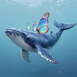 digital painting of a fictional whale that has tiny multiple holographic butterfly wing on its back, fully detailed, 4 k, octane render quality, real footage, psychedelics