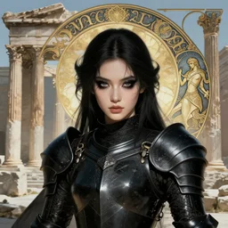 portrait knights of zodiac girl + smoky eyes, matt black armor, in ruined agora of athens, ssci - fi and fantasy, intricate and very very beautiful and elegant, highly detailed, digital painting, artstation, concept art, frostbite engine, smooth and sharp focus, illustration, art by tian zi and wlop and alphonse mucha