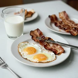 color photograph of a dining table, breakfast, glass of milk, bacon, mess, dirty, 1 9 9 0 photo magazines