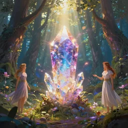 an energy crystal in middle of a magical forest, fantasy art, god rays, beautiful colors and composition, by cyril rolando and asher durand and natalie shau