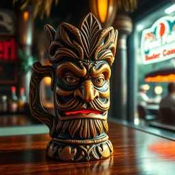 a closeup photorealistic photograph of a ben grimm style tiki mug sitting at a trader vic's bar featuring ben grimm's face. fantastic four theme. tiki culture. bright scene. fine detail. this 4 k hd image is trending on artstation, featured on behance, well - rendered, extra crisp, features intricate detail, epic composition and the style of unreal engine.