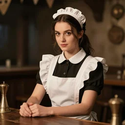 young attractive beautiful bar maid in a medieval tavern at night, cinematic, filmic, studio lighting