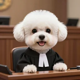 a closeup photorealistic illustration of a smiling white bichon frise judge wearing black gown at the bench and commanding the courthouse. this 4 k hd image is trending on artstation, featured on behance, well - rendered, extra crisp, features intricate detail, epic composition and the style of unreal engine.