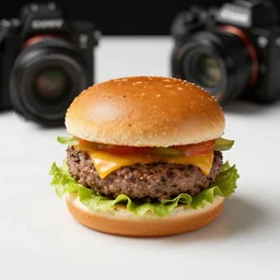 big juicy burger, depth of field, food photography, uplight, isometric, studio, bokeh, gmaster, cooking, food, kodak, sony, canon