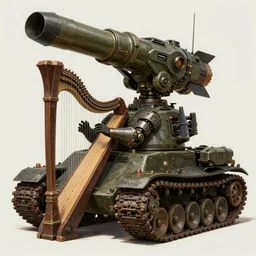full shot portrait of medieval - cyberpunk - battletank with giant rocketturret and tanktracks playing on the laser harp, cyberpunk 2 0 8 8, elegant, digital illustration, detailed, intricate, sharp focus, digital painting, deep focus, digital painting, artstation, concept art, matte, art by artgerm and greg rutkowski and alphonse mucha