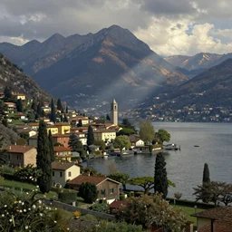 detailed cinematic wide shot of lake como, ultra realistic, spring light, painting by gaston bussiere, craig mullins, j. c. leyendecker