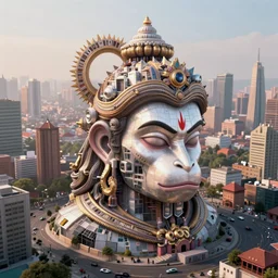 high quality 3 d cyberpunk biomorphic hanuman! head building in the middle of mumbai!!, kalighat highly detailed, cinematic smooth, stephen shore & john j. park, soft morning light, wide shot, high angle, uhd 8 k, deep focus