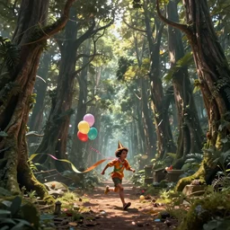chitahlion run through the ancient forest with a birthday ribbons and balloons , concept art, huge scale, high details  by Evgeniy Antonenkov