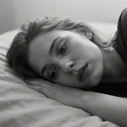award winning photo of some melancholy as antonioni would depict it, she is 2 3, she is beautiful, she lies in bed, british journal of photography, photorealistic, closeup, black and white, insanely detailed, facial features details, foggy like in norwegian black metal aesthetic
