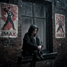 at night, sadie sink in hoodie sits on windowsill, knees tucked in | rain falls, old brick wall with ussr propaganda posters : imax b & w film stock, anamorphic, single long shot from schindler's list by steven spielberg. cyberpunk, cinematic atmosphere, detailed and intricate, perfect anatomy