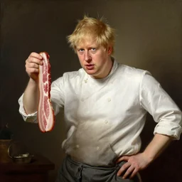 boris johnson holding a side of bacon, cosplaying as a butcher, painted by elisabeth vigee le brun