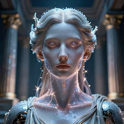 a cyberpunk close up portrait of cyborg greek goddess, electricity, sparks, bokeh, soft focus, sparkling, glisten, water drops, cold, dark, geometric, temples behind her, by paul lehr, jesper ejsing