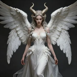 perfectly - centered - portrait - photograph of evil fallen angel with long horns wearing a dress, the perfect human female specimen, intricate, elegant, super highly detailed, professional digital painting, artstation, concept art, smooth, sharp focus, no blur, no dof, extreme illustration, unreal engine 5, 8 k, by anne stokes
