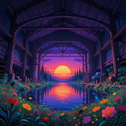 a beautiful ultradetailed illustration of hangar industrial architecture nature by marina tabassum, sea flowers lake lightpaint neon noir nightvision forest tron myst at dusk thermal imaging uv light magic realism alien fisheye sunset, archdaily, wallpaper, highly detailed, trending on artstation.