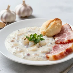 plate of borscht with pampushka and sliced salo, hyper realistic, extremely detailed, food photo, photorealism, garlic on background, side view, bokeh, epic lightning, yamy!!