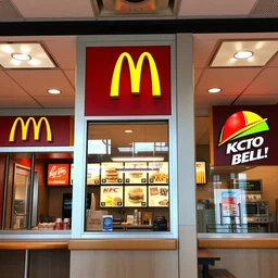 photo of the interior of a fast food restaurant selling mcdonald's burgers and kfc fried - chicken and taco bell tacos mixed together.