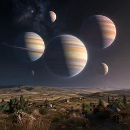 beautiful landscape with multiple planets and galaxies up in the sky, highly detailed, 4k, HDR, award-winning, artstation, octane render
