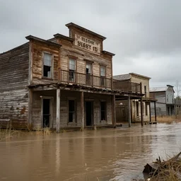 flood Abandoned Wild West town at high noon, hyperrealistic