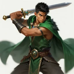 a highly detailed illustration of fierce attractive young tanned short haired tribal latino boy wearing green wolf cape, heroic wielding sword pose, muscular, intricate, elegant, highly detailed, centered, digital painting, artstation, concept art, smooth, sharp focus, league of legends concept art, wlop