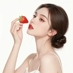 the portrait of an absurdly beautiful, graceful, elegant, sophisticated, fashionable, chaste woman made of strawberries and green petals looking up, an ultrafine hyperdetailed illustration by kim jung gi, irakli nadar, intricate linework, bright colors, octopath traveler, final fantasy, unreal engine 5 highly rendered, global illumination, radiant light, detailed and intricate environment