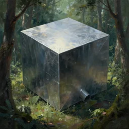 a giant metallic cube in the forest, realistic sci-fi painting by simon stålenhag, digital art, trending on artstation
