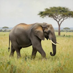 elephant exploring the prairie hills, tall grass, oil painting