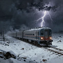 snowpiercer train on tracks through an apocalyptic wasteland, dark sky with lightning, ominous, fantasy painting style