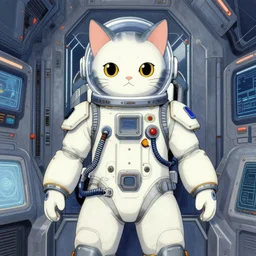 a beautiful ukiyo painting of cyberpunk battle space cat wearing space techwear detailed symmetrical close up portrait intricate complexity by takato andlaurie greasley