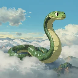 giant snake flying over the mountains, clouds and sky, inspired by Nausicaa of the Valley of the Wind, Studio Ghibli, Hayao Miyazaki, 8k, 4k, UHD, HDR, photorealistic, 3D, digital painting, matte painting, environment design, by Victor Nava, Artstation