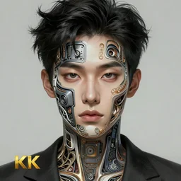 symmetry!! masculine korean man, computer parts embedded into face, intricate, elegant, highly detailed, digital painting, artstation, concept art, smooth, sharp focus, illustration, art by artgerm and greg rutkowski and alphonse mucha, 8 k