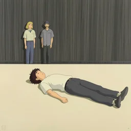 a chinese person laying flat on the floor by daniel johnston and peter doig, line brush, minimal, ghibli