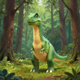 a symmetric portrait of dinosaur in the woods, trending on artstation, central composition by wes anderson, very cartoon, shape focus, high detailed, by anton fadeev