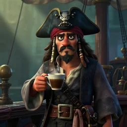 a great pirate on his ship holding a cup of coffee. pixar style animation 3 d extremely gloomy lighting, shining light and shadow, atmospheric, cinematic, unreal engine, 8 k
