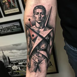 photorealistic tattoo of trash polka kazimir malevich, fine drawing, thin strokes made by dmitriy samohin