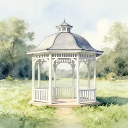 white gazebo in the middle of a calm meadow, classical architecture, beautiful watercolor painting