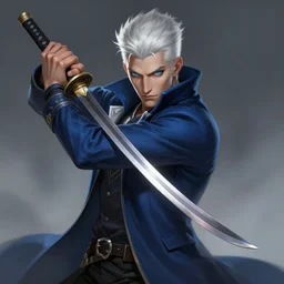 a highly detailed illustration of fierce young short slick back white haired man wearing dark blue coat, bright blue eyes, dramatic wielding katana pose, intricate, elegant, highly detailed, centered, digital painting, artstation, concept art, smooth, sharp focus, league of legends concept art, wlop
