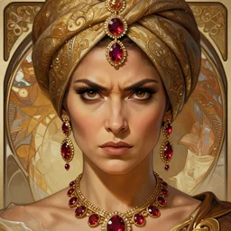 mindblowing portrait of an elegant tan woman in her 5 0 s, ornate turban, brown eyes, ruby and gold jewelry, angry expression, deep focus, symmetrical face, d & d, fantasy, intricate, elegant, highly detailed, artstation, concept art, matte, sharp, illustration, hearthstone, digital painting by artgerm, greg rutkowski, alphonse mucha