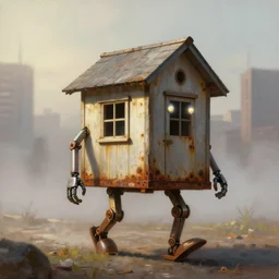 a walking tiny wood house with two mechanical legs and two glowing eyes, rust, hyperrealistic, pareidolia, highly detailed, cinematic, single ray of sun, fog, city in background, beautiful, cgssociety, artstation, 8 k, oil painting