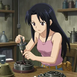 an epic fantasy portrait of a young tinker girl working on a device in her workshop, full metal alchemist, anime style