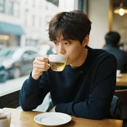an actual picture of byun baekhyun drinking tea in a cafe in downtown new york, photography, 5 0 mm, kodak, uhd 8 k, motion blur,