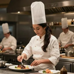 portrait of an attractive female chef ( with very long dark hair tied in a ponytail, wearing a white chef's hat ) cooking a meal, ( ( wholesome, ) ) blurry background of the kitchen of a highend restaurant, bloom, medium shot, waist up, dramatic lighting, in the style of studio ghibli, j. c. leyendecker, greg rutkowski, artgerm
