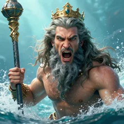 close up portrait of strong and proud young Poseidon, king of the sea, with scepter and crown, screaming, ready to fight, rising from the ocean by Ross Tran and Thomas Cole and Wayne Barlowe