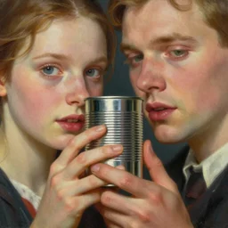 A beautiful close-up of a couple holding a tin can, digital art by Edward Hopper, vibrant color scheme, highly detailed, in the style of romanticism, fine Art, high detail, great lighting, 8k resolution, masterpiece, concept art, illustration, clear eyes, soft lighting, soft details, painting oil on canvas, octane render, HDR, trending on artstation, 4k, 8k, HD
