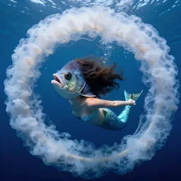 head fish woman body surrealistic mermaid, half fish half woman ,  fish head, diving in the air rounded by jelly clouds made by national geographic underwater photographer 4k, 8k,