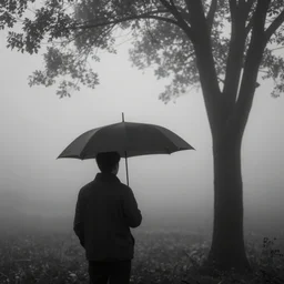 black and white picture of a man holding an umbrella close to a tree, fog, completly out of focus, backlight, realistic abstract picture, mist, mysterious