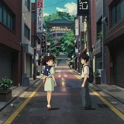 A screenshot of the seoul city street in the scene in the Ghibli anime film Kimi no na wa, pretty rim highlights and specular