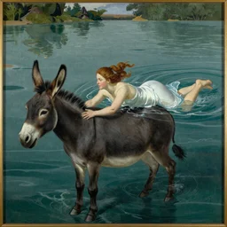 woman swimming with donkey painting by Rousseau
