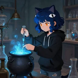 medium shot A twelve years old girl with orange eyes, dark blue bob cat length curly dark blue dyed hair wearing a black hoodie with white eyes ornament and grunge jeans, she is in the potions workshop, near the black cauldron, making a potion, blue shiny lighting, beautiful fantasy art by By Artgerm and Hayao Miyazaki, trending on artstation