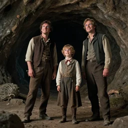 sharp, highly detailed, film from a sci fi 3 2 k color movie, set in 1 8 6 0, family standing outside a cave on a strange alien planet, looking happy, wearing 1 8 5 0 s era clothes, atmospheric lighting, in focus, reflective eyes, 3 5 mm macro lens, live action, nice composition, good photography