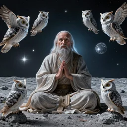 A lunar sage with his magical owls looking out into the reflections of all of time 4k photorealism HD surrealism
